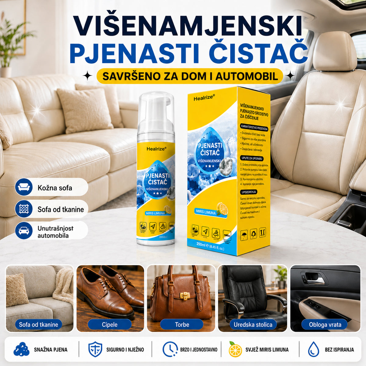 Healrize® 4-u-1 višeenzimsko sredstvo za čišćenje u pjeni | Pjena za dubinsko čišćenje unutrašnjosti automobila, sofe, kuhinje i kupaonice🐔🐶3